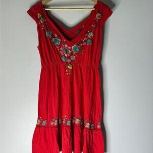 Johnny Was Red Embroidered Floral Sleeveless Sheath Dress Elastic Waist Large